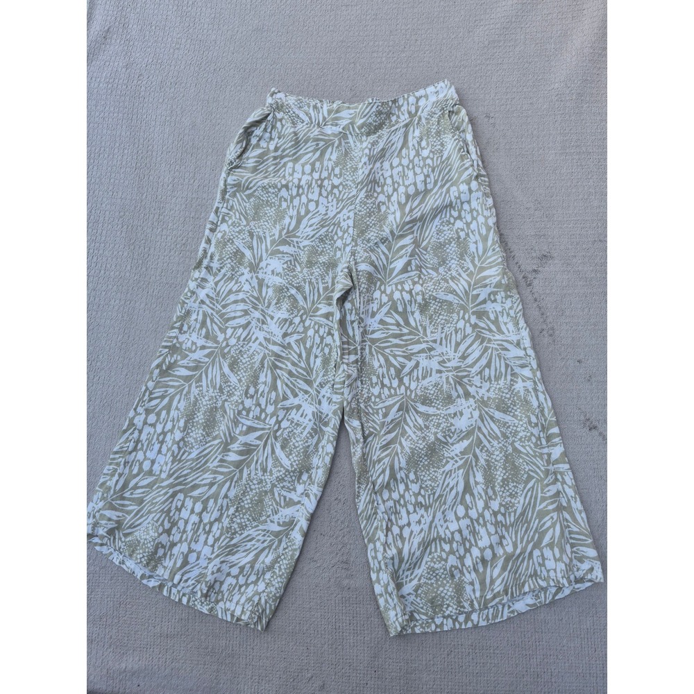 Christian Siriano New York 100% Linen Wide Leg Pants Olive Green White Print M